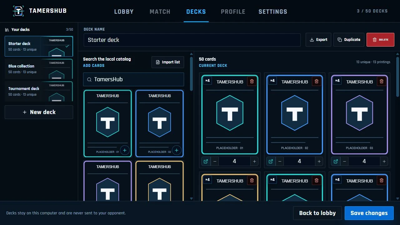 Current TamersHub deck editor with a 50-card starter deck and branded placeholder cards