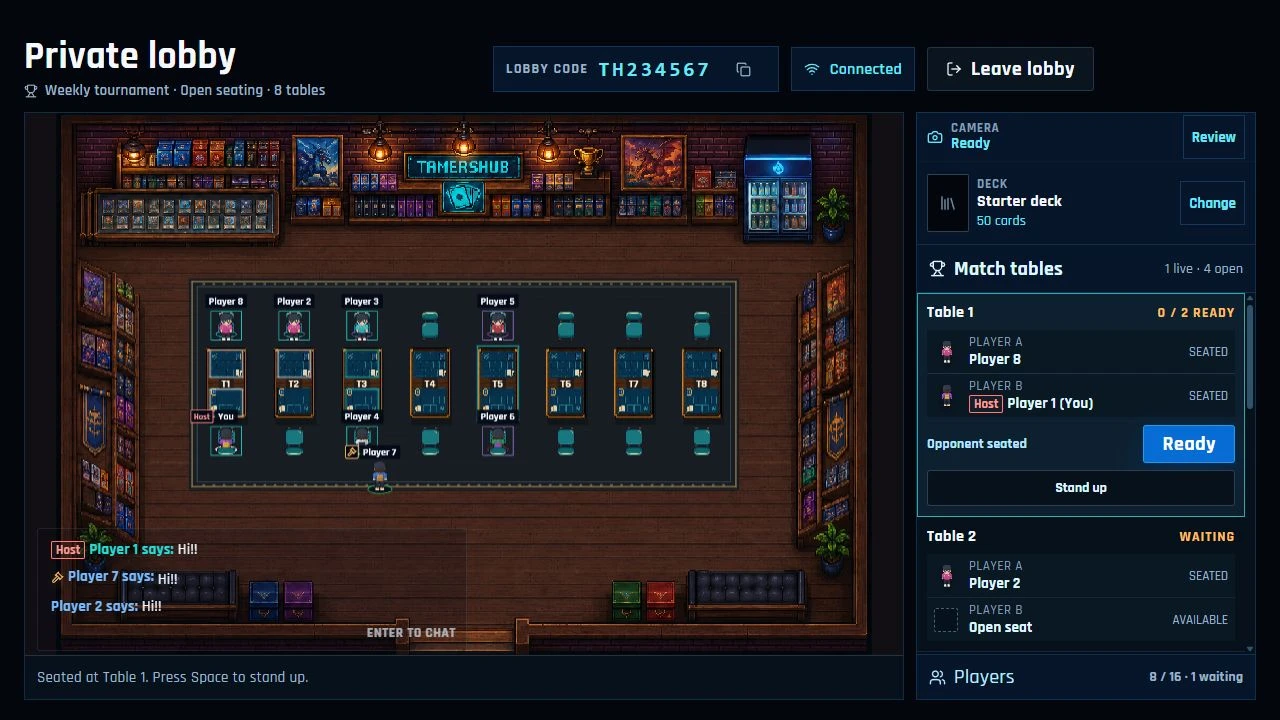 Current TamersHub lobby with Player 1 as host, Player 7 as judge, seated players and Hi!! messages in chat