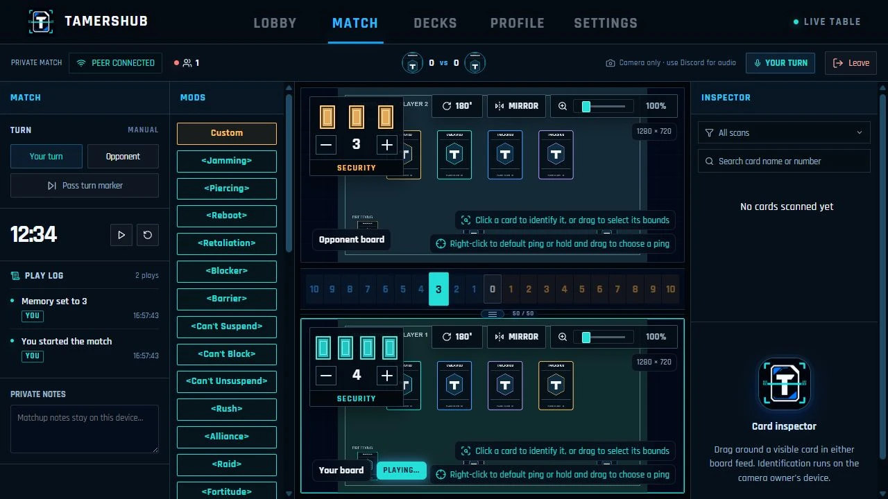 Current TamersHub match interface with memory gauge, security counters, timer and two placeholder playmats