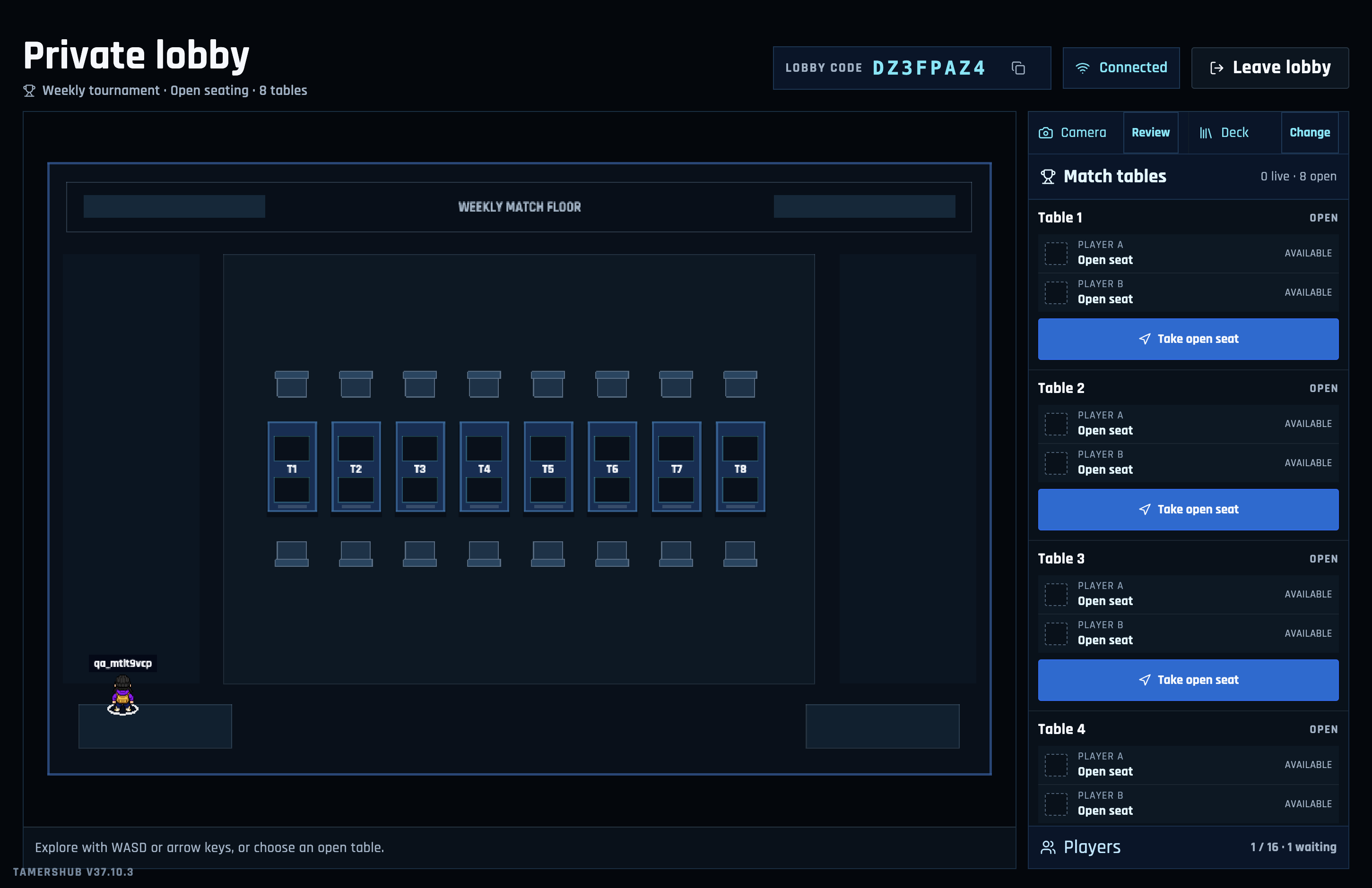 TamersHub private lobby menu showing eight match tables